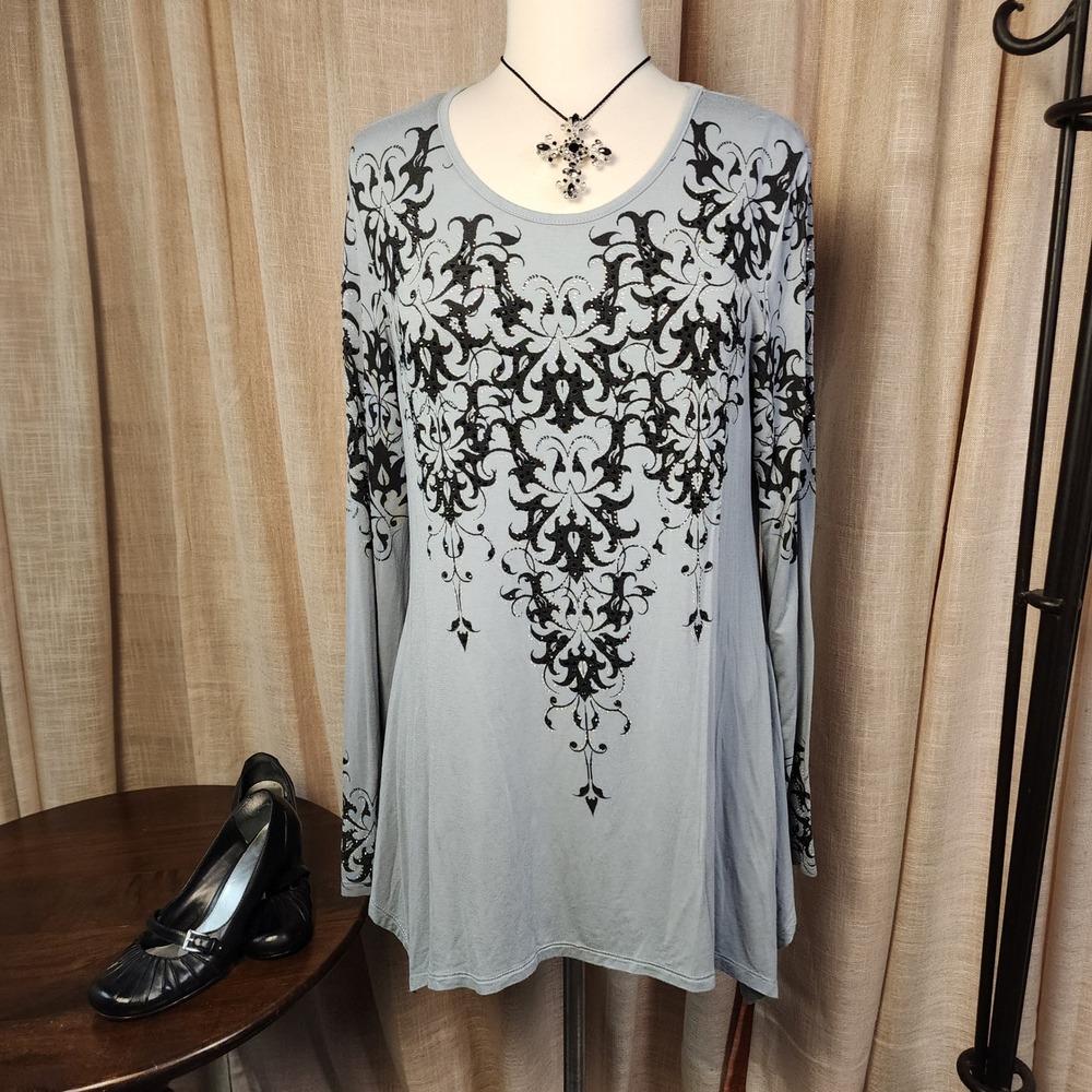 Y2K Vocal XL Gray Rhinestone Baroque Graphic Tunic Top Made USA Goth